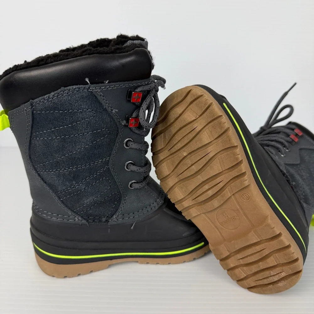 Swiss Tech Kids Winter Snow Boots Grey Black Neon Yellow Waterproof Size‎ 10